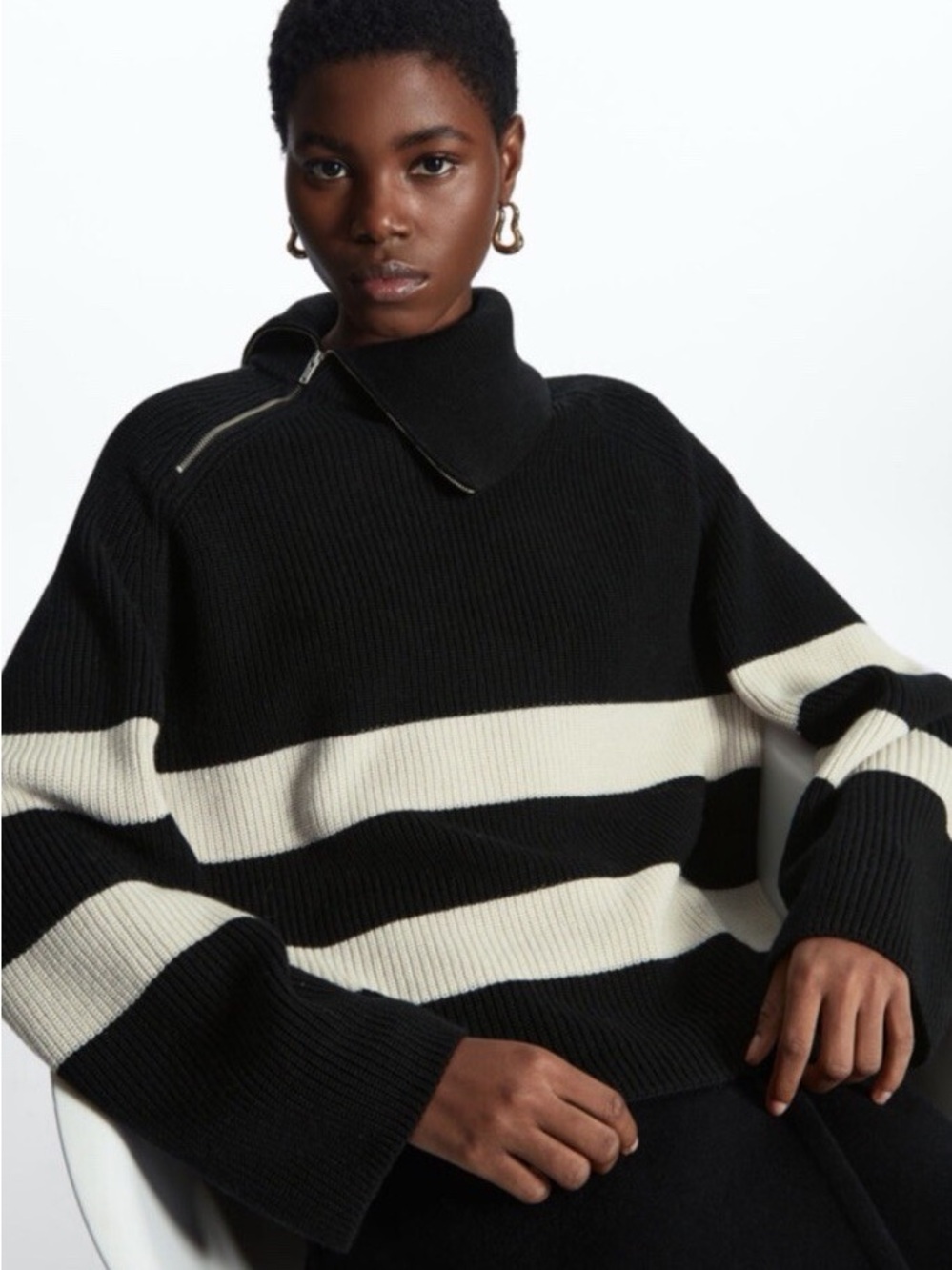 COS Black and Cream Ribbed Zip Funnel Sweater